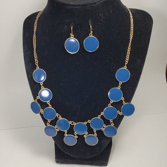 Stylish Gold-tone Blue Flat Round Discs Necklace & Matching Earrings Set Women's - Picture 7 of 11